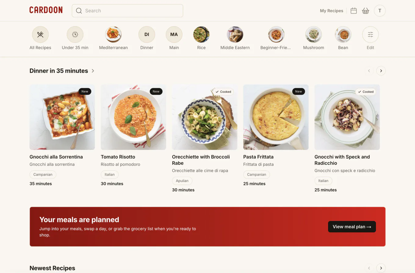 The Cardoon app in a desktop browser, showing a shelf of dinner recipes